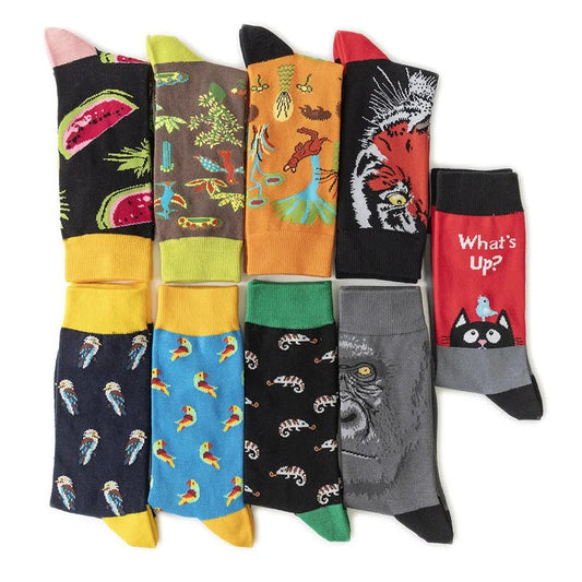 1 pair of men's colorful hip-hop printed stockings, watermelon, tiger, funny chimpanzee.